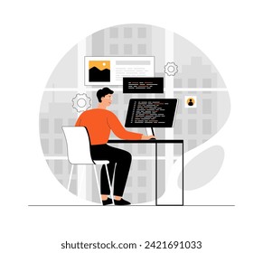 Wireless technology concept. Wifi communication of gadgets. Man uses laptop to work and access global Internet. Illustration with people scene in flat design for website and mobile development