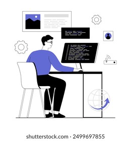 Wireless technology concept. Wifi communication of gadgets. Man uses laptop to work and access global Internet. Vector illustration with line people for web design.	
