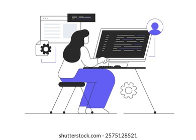 Wireless technology concept. Wifi communication of gadgets. Woman uses laptop to work and access global Internet. Flat Cartoon Vector Illustration, icon. Stylish abstract 