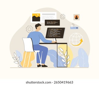 Conceito da tecnologia sem fio. Comunicação Wi-Fi de gadgets. O homem usa o laptop para trabalhar e acessar a Internet global. Ilustração de vetor plano.	
