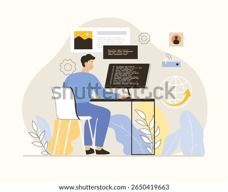 Wireless technology concept. Wifi communication of gadgets. Man uses laptop to work and access global Internet. Flat vector illustration.	
