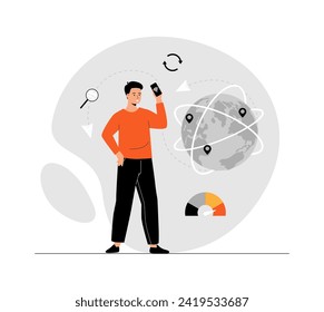 Wireless technology concept. Wi-fi connection, Internet communication, networking. Man uses smartphone to access global Internet. Illustration with people scene in flat design for website and mobile