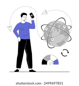 Concepto de tecnología inalámbrica. Conexión Wi-Fi, comunicación por Internet, redes. El hombre usa su teléfono inteligente para acceder a Internet global. Ilustración vectorial con gente de línea para el Diseño web.	

