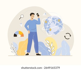 Wireless technology concept. Wi-fi connection, Internet communication, networking. Man uses smartphone to access global Internet. Flat vector illustration.	
