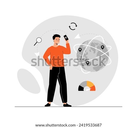 Wireless technology concept. Wi-fi connection, Internet communication, networking. Man uses smartphone to access global Internet. Illustration with people scene in flat design for website and mobile