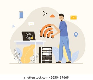 Conceito da tecnologia sem fio. Comunicação de rede WiFi. Conexão sem fio com servidor, host e domínio. Ilustração de vetor plano.	
