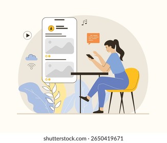 Concepto de tecnología inalámbrica. Comunicación de red WiFi. Envío de archivos, carga y descarga de contenido en las redes sociales. Ilustración vectorial plana.	
