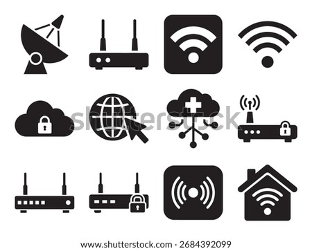 Wireless technology and connectivity glyph icon set for wifi and hotspot showing router signal and other symbols for internet network and communication