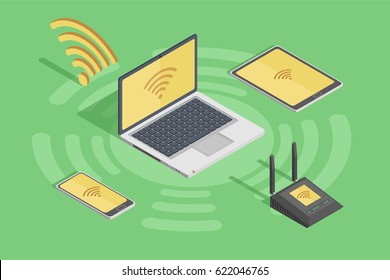 Wireless technology devices in isometric style poster with laptop smartphone router and wifi internet hub connection symbol flat vector illustration