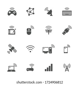 Wireless Technology Flat Icons In Gray. Set Of 16 Pieces.