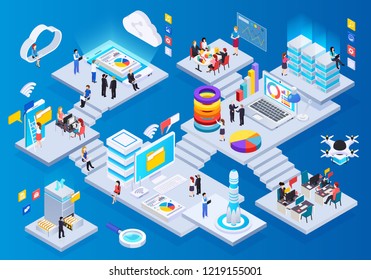 Wireless technology glow isometric composition with cloud big data storage communication teleconference presentation drone delivery vector illustration