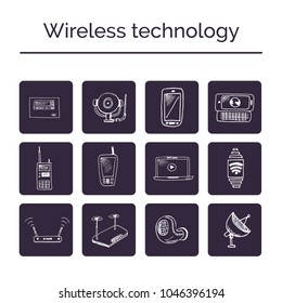 Wireless technology hand drawn doodle set. Sketches. Vector illustration for design and packages product.