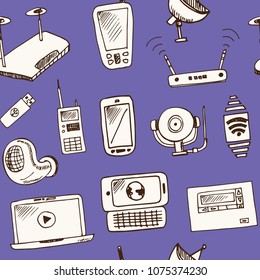 Wireless technology hand drawn doodle seamless pattern. Sketches. Vector illustration for design and packages product. Symbol collection.