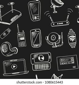 Wireless technology hand drawn doodle seamless pattern. Sketches. Vector illustration for design and packages product. Symbol collection.