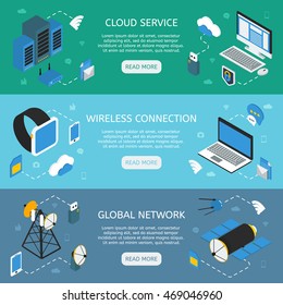 Wireless technology horizontal isometric banners with cloud service wifi connection global network isolated vector illustration