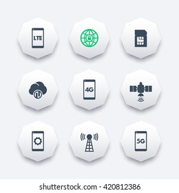 wireless technology icons, 4g network, lte, mobile communication, connection signs, 4g, 5g mobile internet, vector illustration