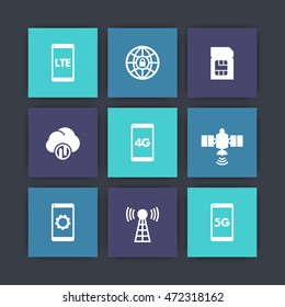 wireless technology icons, 4g network pictogram, lte, communication, connection signs, 5g mobile internet