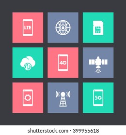 wireless technology icons on squares, lte, 4g network pictogram, mobile communication, connection signs, 4g, 5g mobile internet symbols, vector illustration