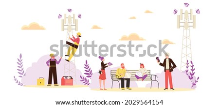 Wireless technology and internet communication. Banner with people using global Wi-Fi and mobile networks, flat vector illustration isolated on white background.