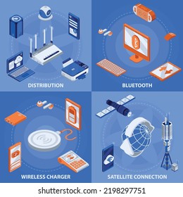 Wireless technology isometric concept icons set with distribution symbols isolated vector illustration