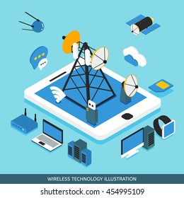 Wireless Technology Isometric Design With Tablet Computer Network Tower  Communication Satellites Gadgets On Blue Background Vector Illustration