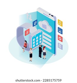 Wireless technology isometric glow concept with tiny people and modern gadgets 3d vector illustration
