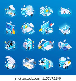 Wireless technology isometric glow icons set with cloud safe data storage access remote health monitoring vector illustration        