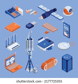 Wireless technology isometric icons set with connection symbols isolated vector illustration