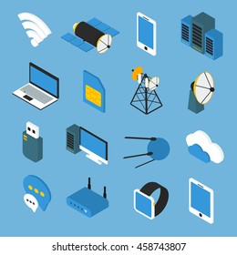 Wireless Technology Isometric Icons With Wifi Sign Router Transmitters Satellites Gadgets On Blue Background Isolated Vector Illustration 