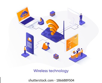 Wireless technology isometric web banner. WiFi network communication isometry concept. Internet sharing 3d scene, gadgets network connection flat design. Vector illustration with people characters.