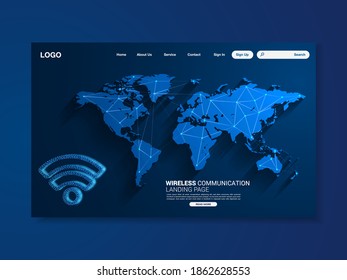 Wireless technology landing page, blue background with world map, interface, vector, illustration, eps 10 file