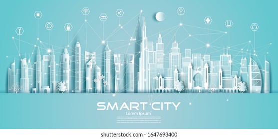 Wireless Technology Network Communication Smart City And Icon Network Technology In Downtown Skyscraper On Blue Background, Vector Illustration Futuristic Green City And  Architecture Panorama View.