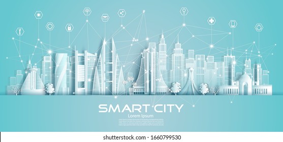 Wireless technology network communication smart city and icon network technology in downtown skyscraper on blue background, Vector illustration futuristic green city and  architecture panorama view.