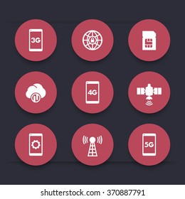 wireless technology round red icons, mobile communication, connection signs, 4g, 5g mobile internet icon, vector illustration
