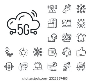 Wireless technology sign. Place location, technology and smart speaker outline icons. 5g cloud computing line icon. Mobile wifi internet symbol. 5g cloud line sign. Vector