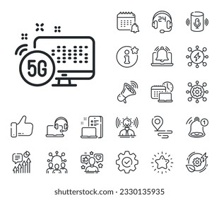 Signo de tecnología inalámbrica. Coloque los iconos de la ubicación, la tecnología y el contorno del altavoz inteligente. Icono de línea de Internet 5g. Símbolo wifi rápido. 5 g de señal de línea de internet. Influenciador, icono del embajador de la marca. Vector