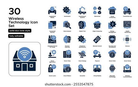 Wireless Technology Solid Duo Tone Icon Set: Bluetooth, Wi-Fi, and Wireless Communication Icons