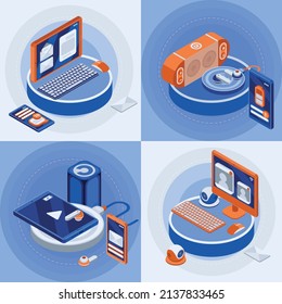 Wireless technology square isometric icons set with keyboard and mouse symbols isolated vector illustration