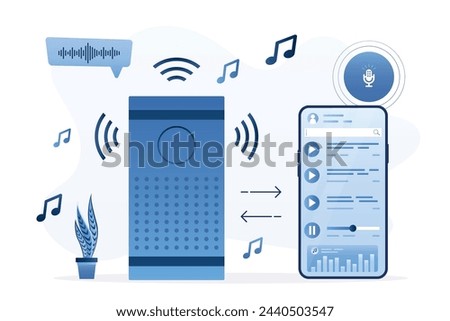 Wireless technology, synchronization of mobile phone with music column. Voice assistant, part of smart home system. Access for online playing music, podcasts and audio files. Acoustic system. Vector