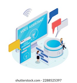 Wireless technology voice assistant on various devices isometric concept 3d vector illustration