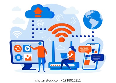 Wireless technology web design with people characters. People use WiFi cinnection scene. Network communication composition in flat style. Vector illustration for social media promotional materials.