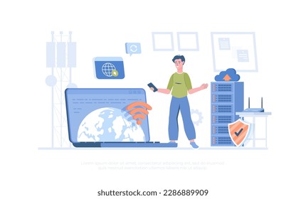 Wireless technology, WiFi network communication. Fast data transfer from one device to another. Cartoon modern flat vector illustration for banner, website design, landing page.	
