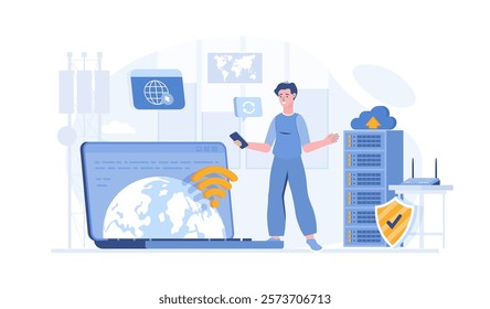 Wireless technology, WiFi network communication. Fast data transfer from one device to another. Vector illustration with characters in flat design for web banner.	
