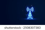 Wireless tower illustration in the blue neon light style. Futuristic glowing internet tower symbol with plexus lines and glitter particles. 3D abstract low poly copy space in the dark background