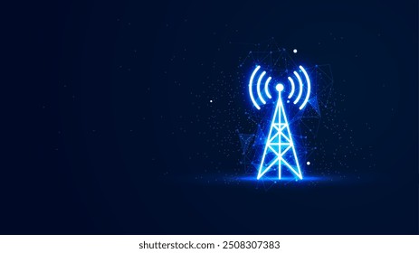 Wireless tower illustration in the blue neon light style. Futuristic glowing internet tower symbol with plexus lines and glitter particles. 3D abstract low poly copy space in the dark background