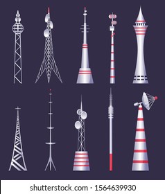 Wireless tower. Tv radio network communication satellite antena signal vector pictures. Communication tower. Cellular broadcasting tv wireless radio antena satellite construction