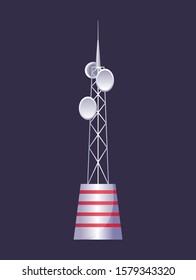 Wireless tower. Tv radio network communication satellite antena signal vector pictures. Communication tower. Cellular broadcasting tv wireless radio antena satellite construction