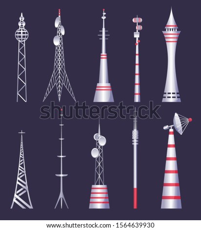 Wireless tower. Tv radio network communication satellite antena signal vector pictures. Communication tower. Cellular broadcasting tv wireless radio antena satellite construction