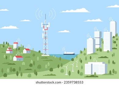 Wireless tower in village valley, traffic internet landscape. It city, antenna construction and cellular satellite network or mobile signal recent vector scene