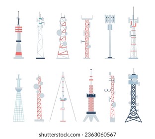 Wireless-Türme, Bau-Radio-Telefonturm mit Antenne. Telekommunikationsausrüstung, 4g Radar. Flat 5g Station vor kurzem Vektorset